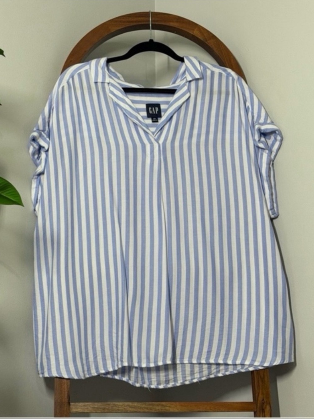 Gap XXL Blue White Striped Collared Short Sleeve Popover Blouse